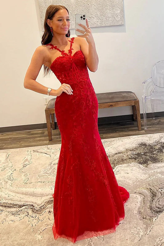 Red Halter Mermaid Prom Dress with Floral Appliqué Straps