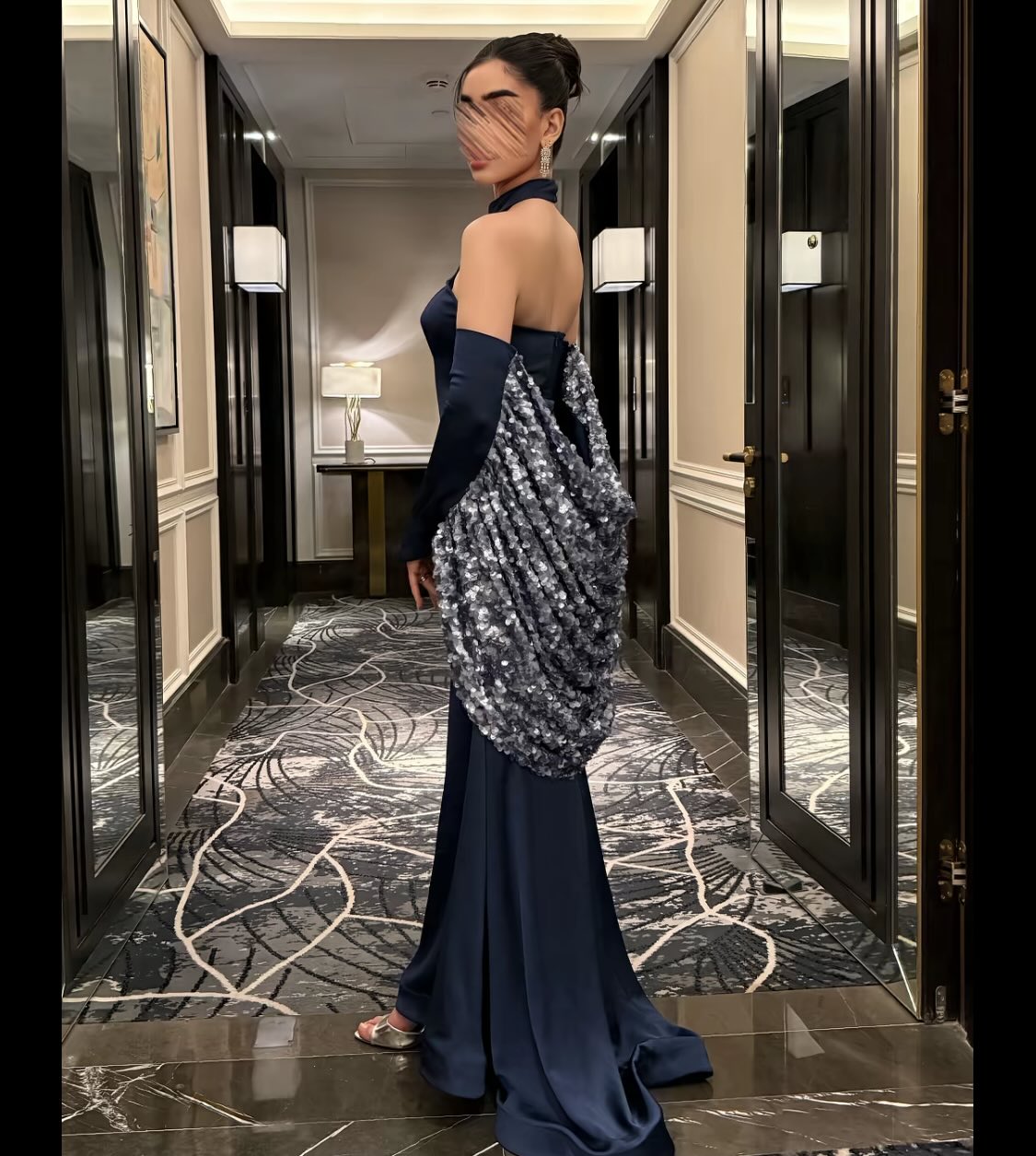 Blue Halter Mermaid Detachabl Long Sleeve Shawl Sequins Evening Dress