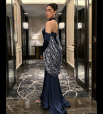 Blue Halter Mermaid Detachabl Long Sleeve Shawl Sequins Evening Dress