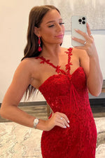 Red Halter Mermaid Prom Dress with Floral Appliqué Straps