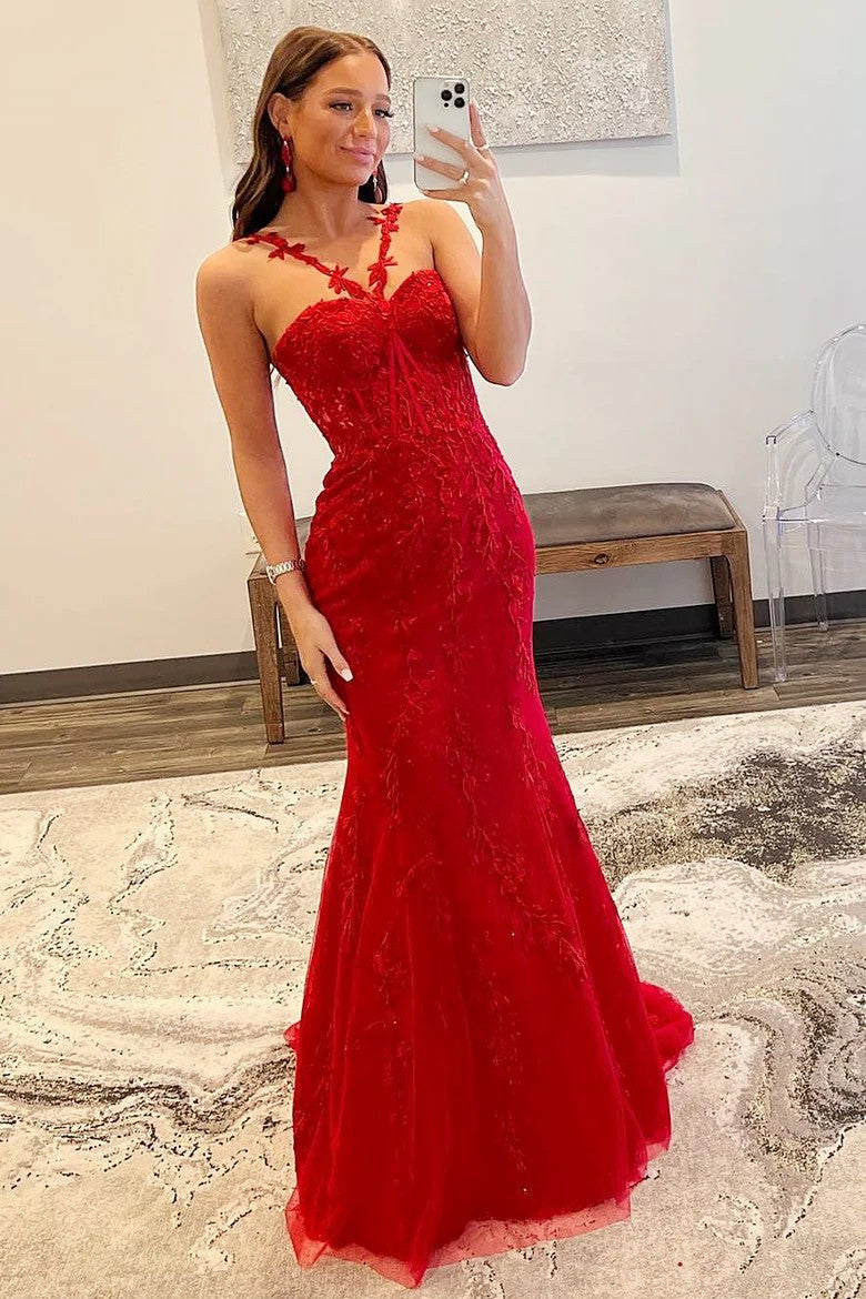 Red Halter Mermaid Prom Dress with Floral Appliqué Straps