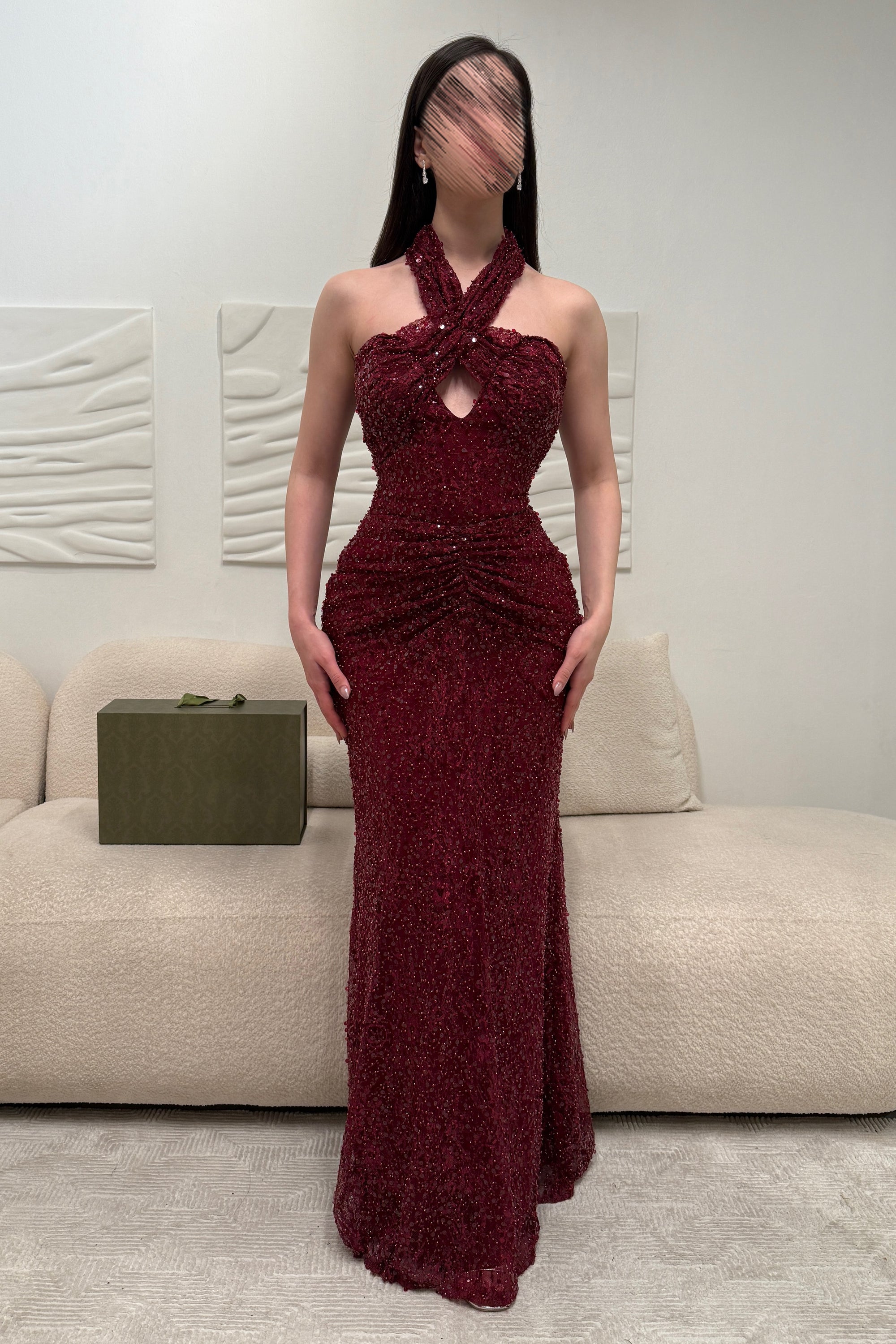 Fashion Red Halter Sleeveless Sequins Sparkle Mermaid Evening Dress