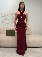 Fashion Red Halter Sleeveless Sequins Sparkle Mermaid Evening Dress