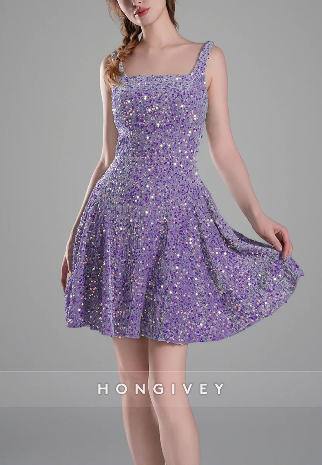 Square Neck Sequined A-Line Regular Straps Short Homecoming Dress