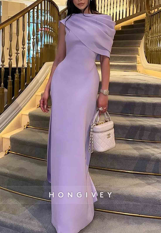 Shawl Column Side Slit Ruched Side Draping Floor-Length Evening Gowns