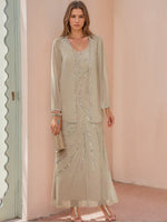 V-Neck Ankle-Length Mother of the Bride Dresses with Jacket & Sequins Beading