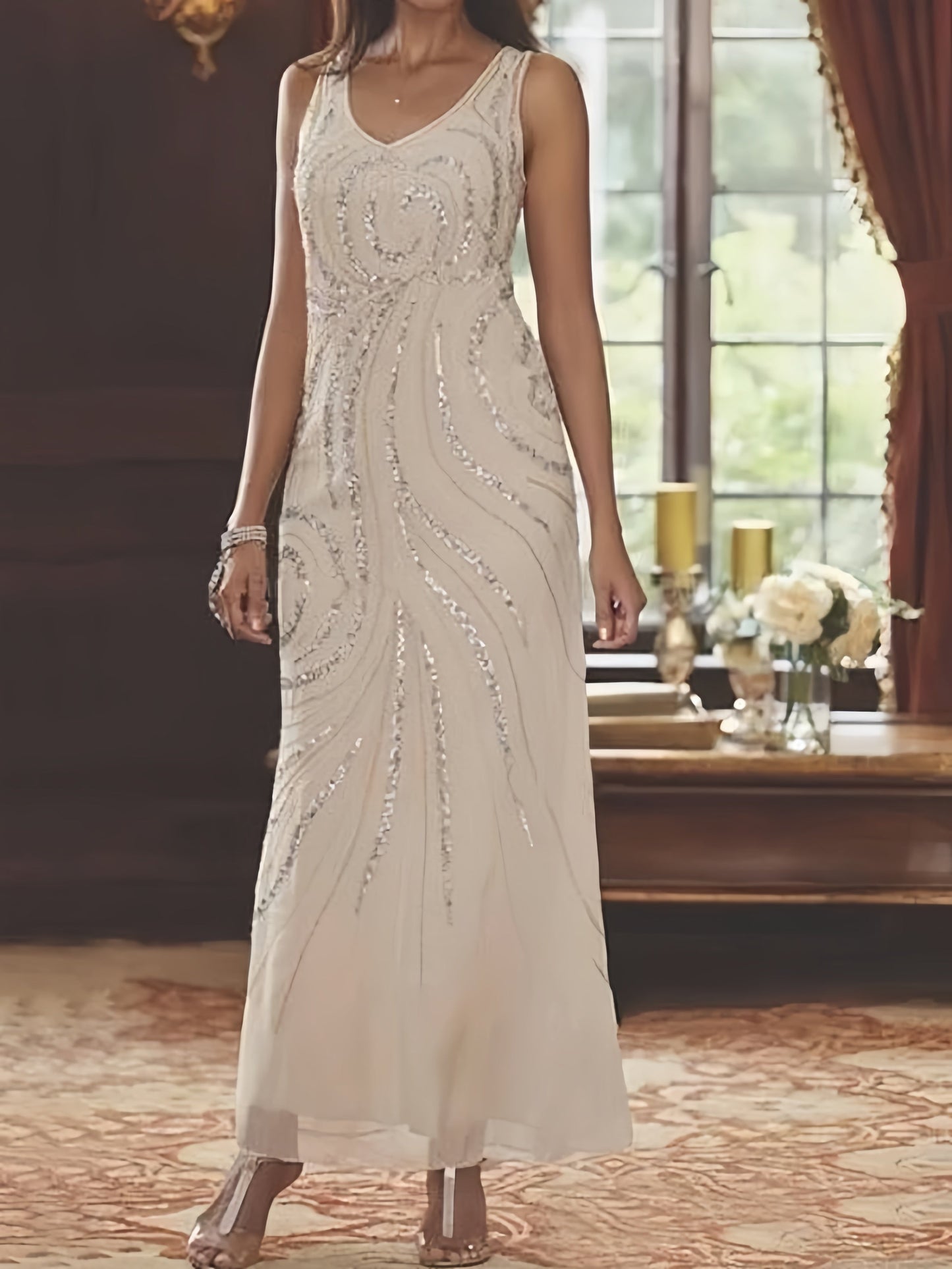 V-Neck Ankle-Length Mother of the Bride Dresses with Jacket & Sequins Beading