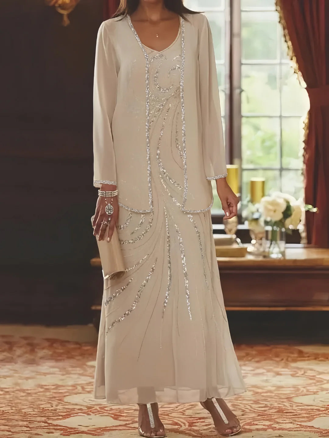 V-Neck Ankle-Length Mother of the Bride Dresses with Jacket & Sequins Beading