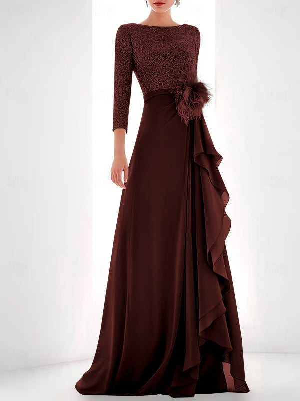 Jewel Neck Long Sleeves Asymmetrical Mother of the Bride Dresses With Sequin & Feather & Pearls
