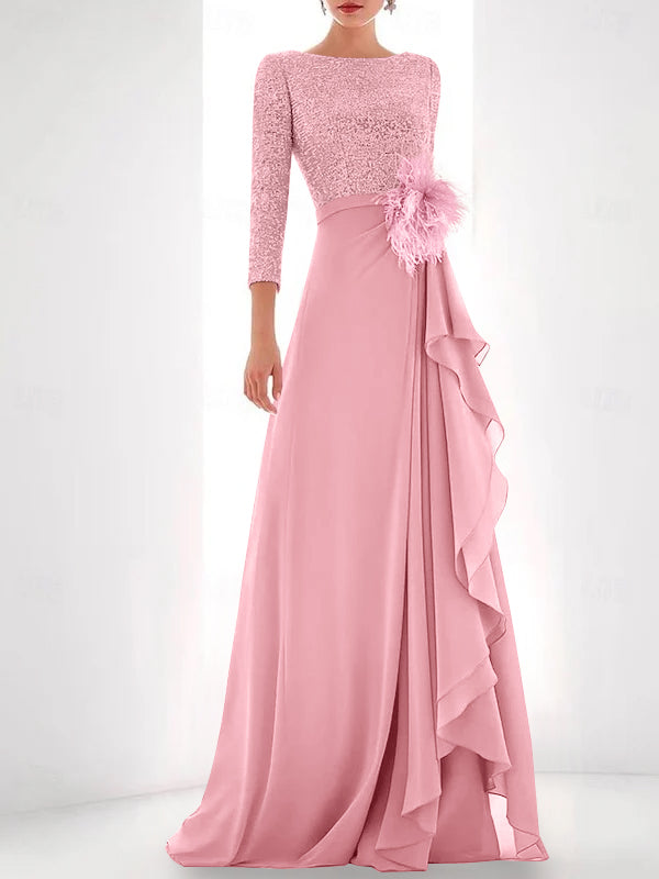 Jewel Neck Long Sleeves Asymmetrical Mother of the Bride Dresses With Sequin & Feather & Pearls