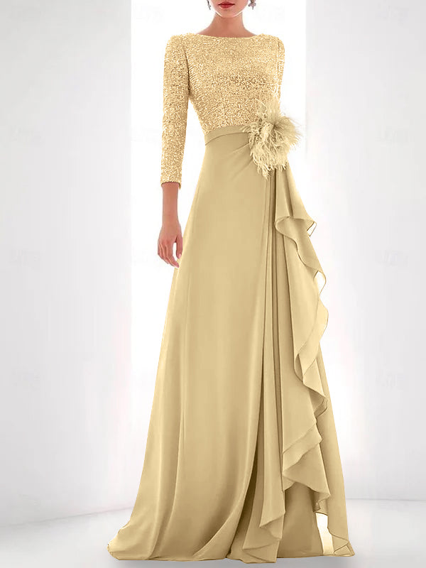 Jewel Neck Long Sleeves Asymmetrical Mother of the Bride Dresses With Sequin & Feather & Pearls