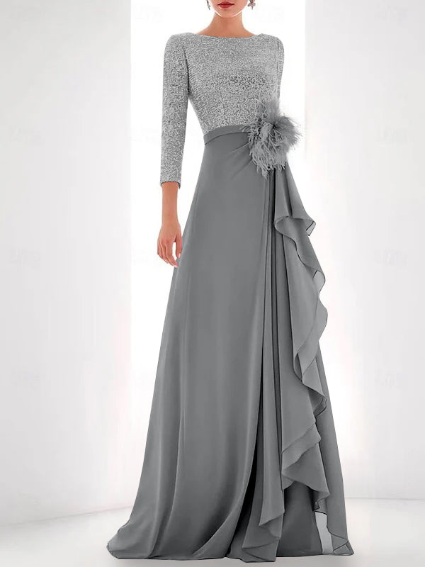 Jewel Neck Long Sleeves Asymmetrical Mother of the Bride Dresses With Sequin & Feather & Pearls