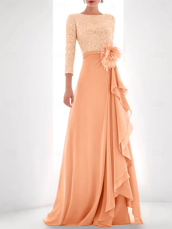 Jewel Neck Long Sleeves Asymmetrical Mother of the Bride Dresses With Sequin & Feather & Pearls
