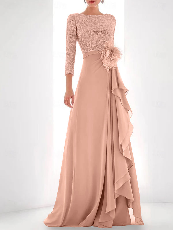 Jewel Neck Long Sleeves Asymmetrical Mother of the Bride Dresses With Sequin & Feather & Pearls