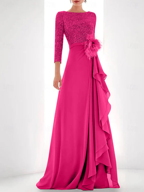 Jewel Neck Long Sleeves Asymmetrical Mother of the Bride Dresses With Sequin & Feather & Pearls