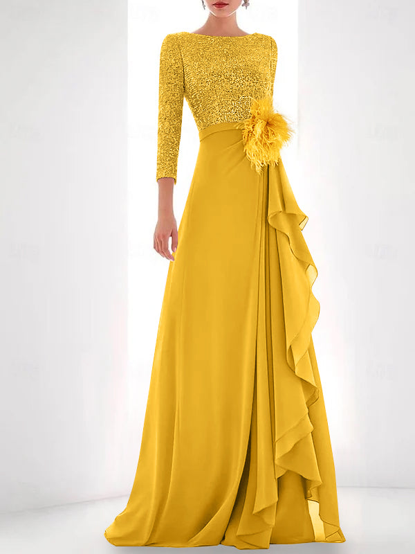 Jewel Neck Long Sleeves Asymmetrical Mother of the Bride Dresses With Sequin & Feather & Pearls