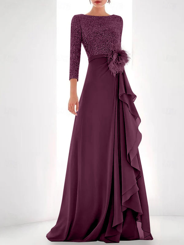 Jewel Neck Long Sleeves Asymmetrical Mother of the Bride Dresses With Sequin & Feather & Pearls
