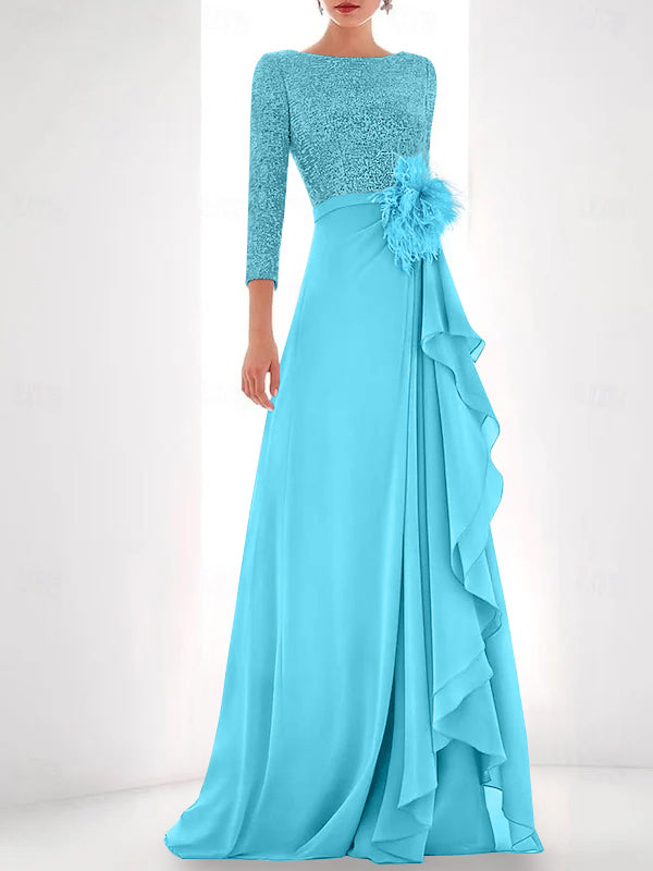 Jewel Neck Long Sleeves Asymmetrical Mother of the Bride Dresses With Sequin & Feather & Pearls