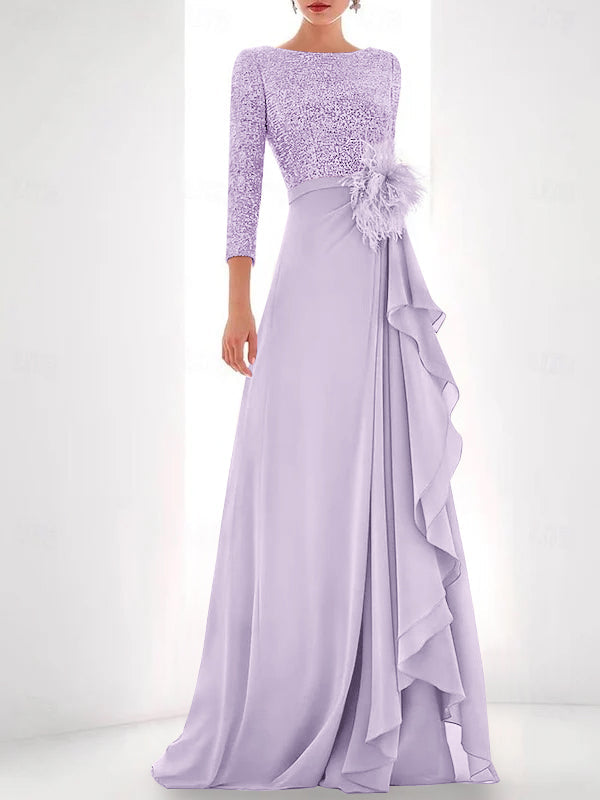 Jewel Neck Long Sleeves Asymmetrical Mother of the Bride Dresses With Sequin & Feather & Pearls