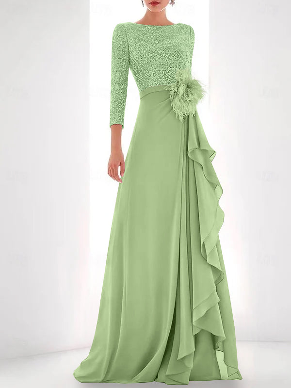 Jewel Neck Long Sleeves Asymmetrical Mother of the Bride Dresses With Sequin & Feather & Pearls