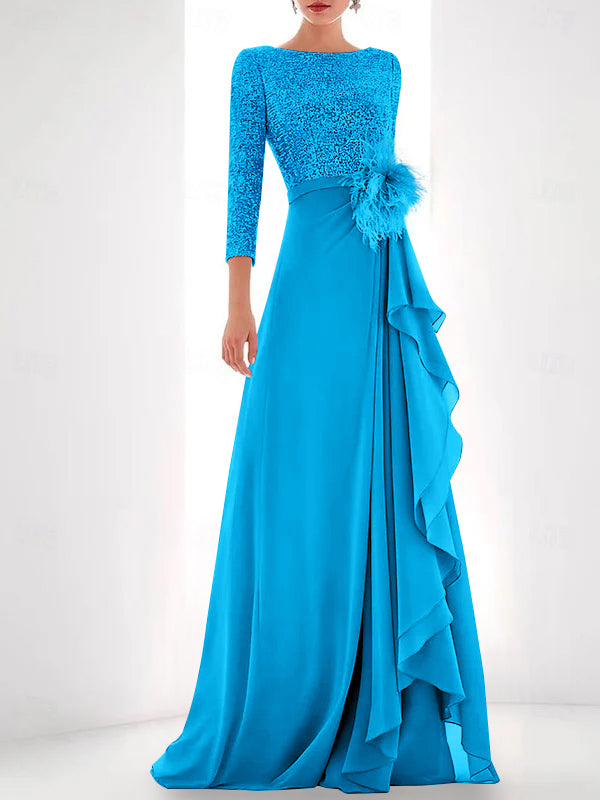 Jewel Neck Long Sleeves Asymmetrical Mother of the Bride Dresses With Sequin & Feather & Pearls