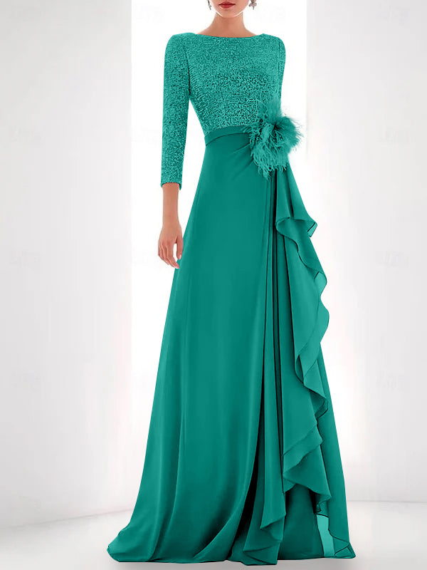Jewel Neck Long Sleeves Asymmetrical Mother of the Bride Dresses With Sequin & Feather & Pearls
