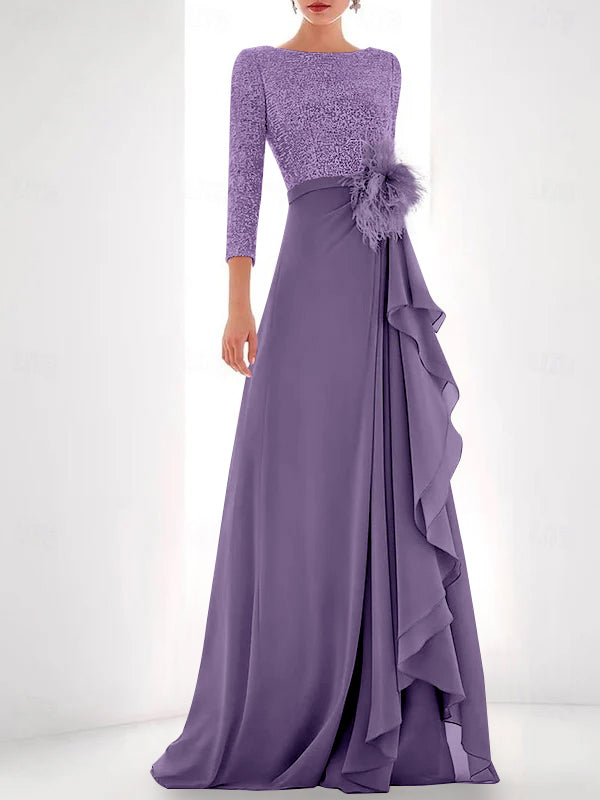 Jewel Neck Long Sleeves Asymmetrical Mother of the Bride Dresses With Sequin & Feather & Pearls