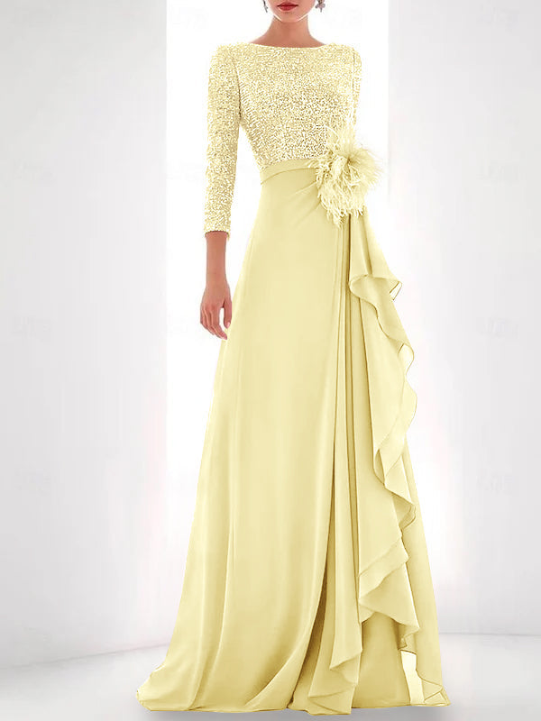 Jewel Neck Long Sleeves Asymmetrical Mother of the Bride Dresses With Sequin & Feather & Pearls