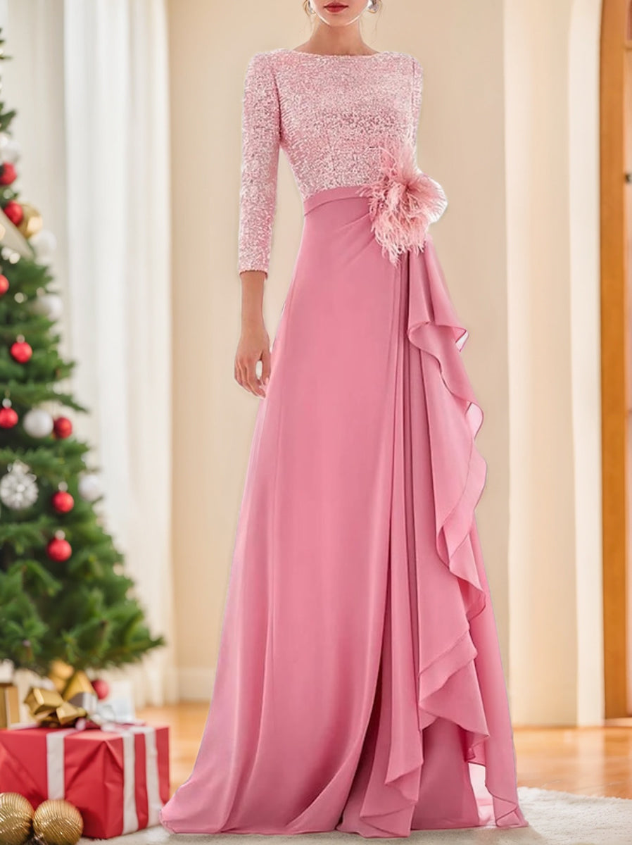 Jewel Neck Long Sleeves Asymmetrical Mother of the Bride Dresses With Sequin & Feather & Pearls