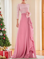 Jewel Neck Long Sleeves Asymmetrical Mother of the Bride Dresses With Sequin & Feather & Pearls