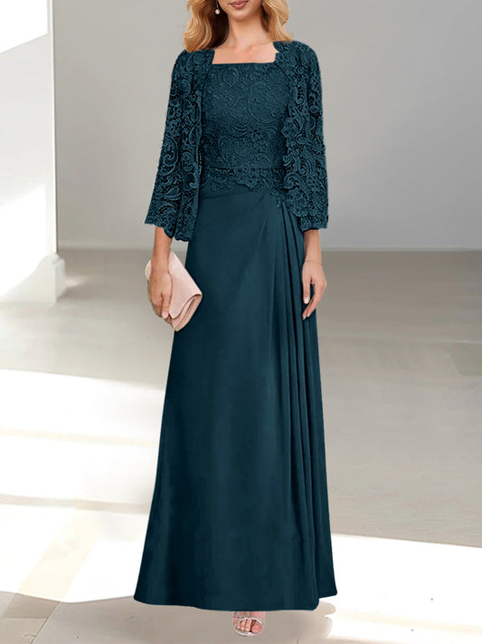 2 Pieces A-Line/Princess Scoop Floor-Length Mother of the Bride Dresses with Pleated Lace Appliques