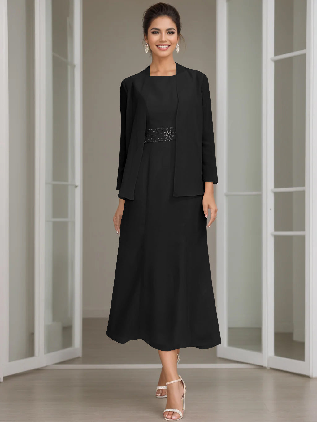 Jewel Neck Tea Length Mother of the Bride Dresses with Jacket & Beading