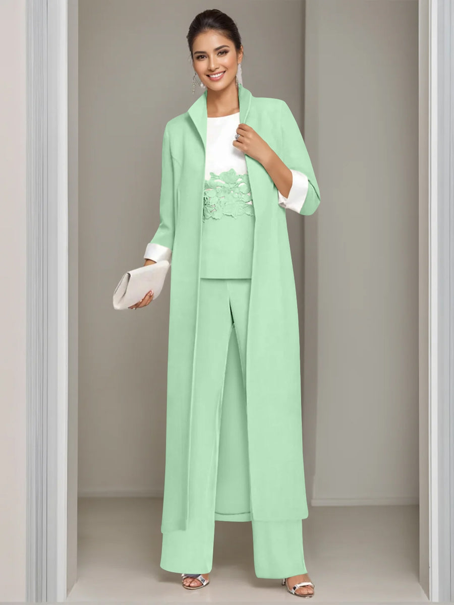 3 Pieces Square-Neck Ankle Length Mother of the Bride Pantsuits with Jacket & Appliques Lace