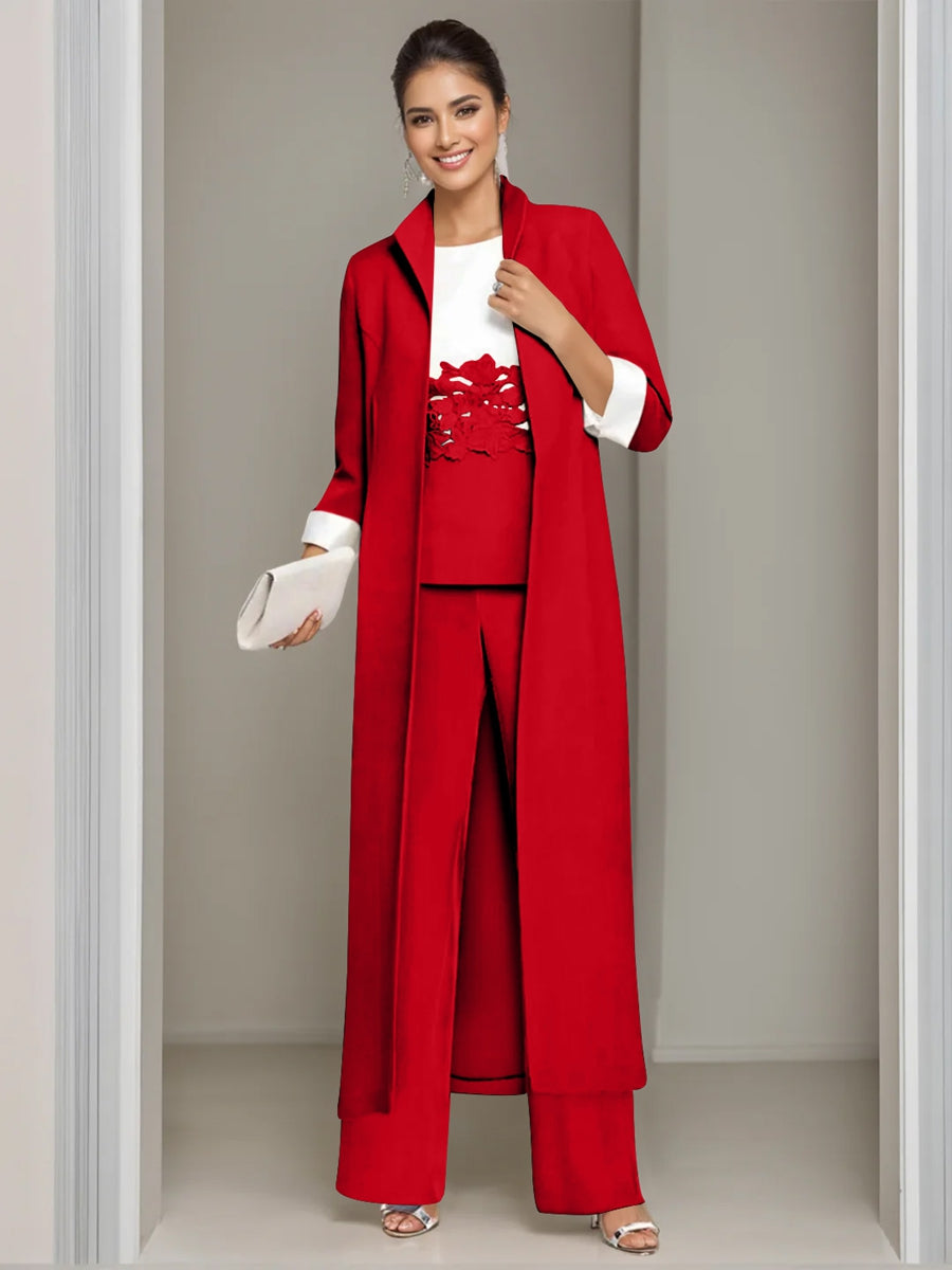 3 Pieces Square-Neck Ankle Length Mother of the Bride Pantsuits with Jacket & Appliques Lace