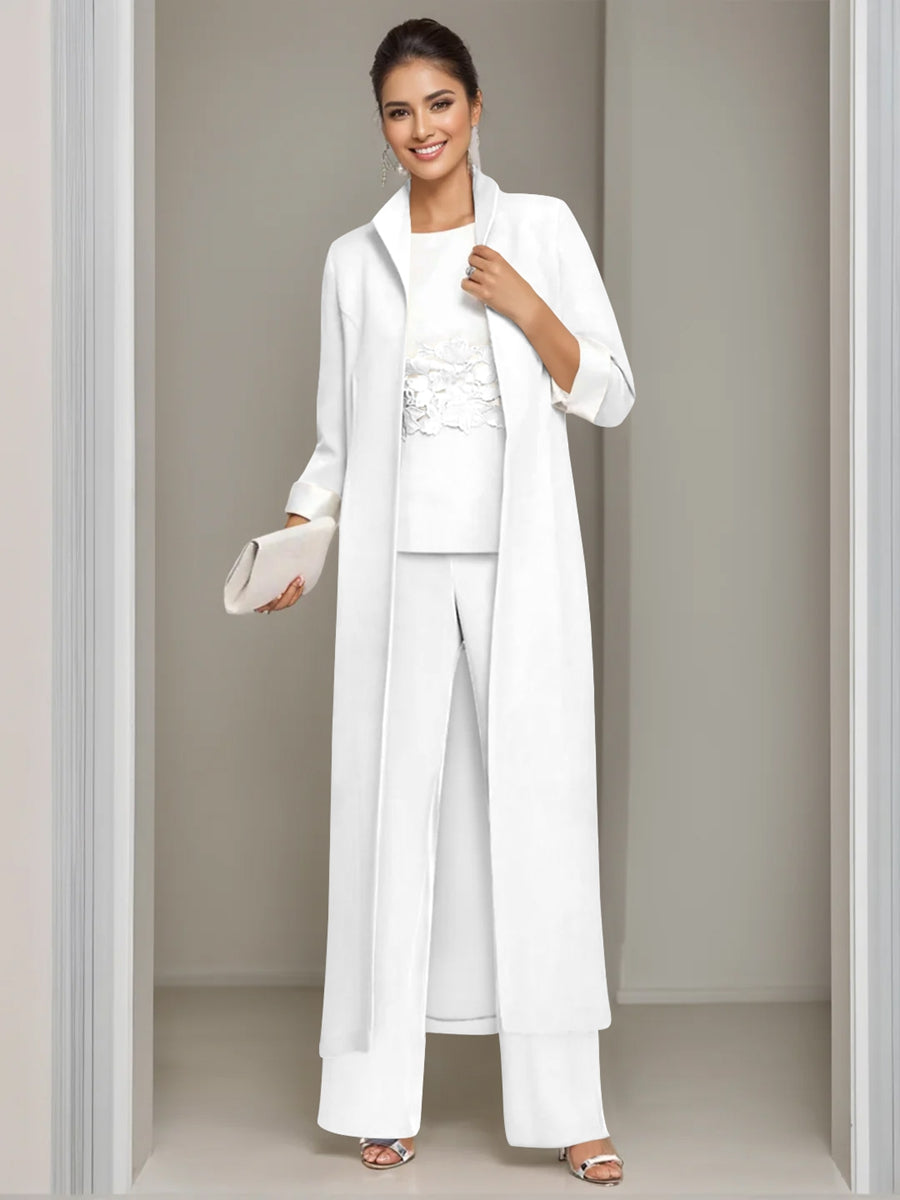 3 Pieces Square-Neck Ankle Length Mother of the Bride Pantsuits with Jacket & Appliques Lace