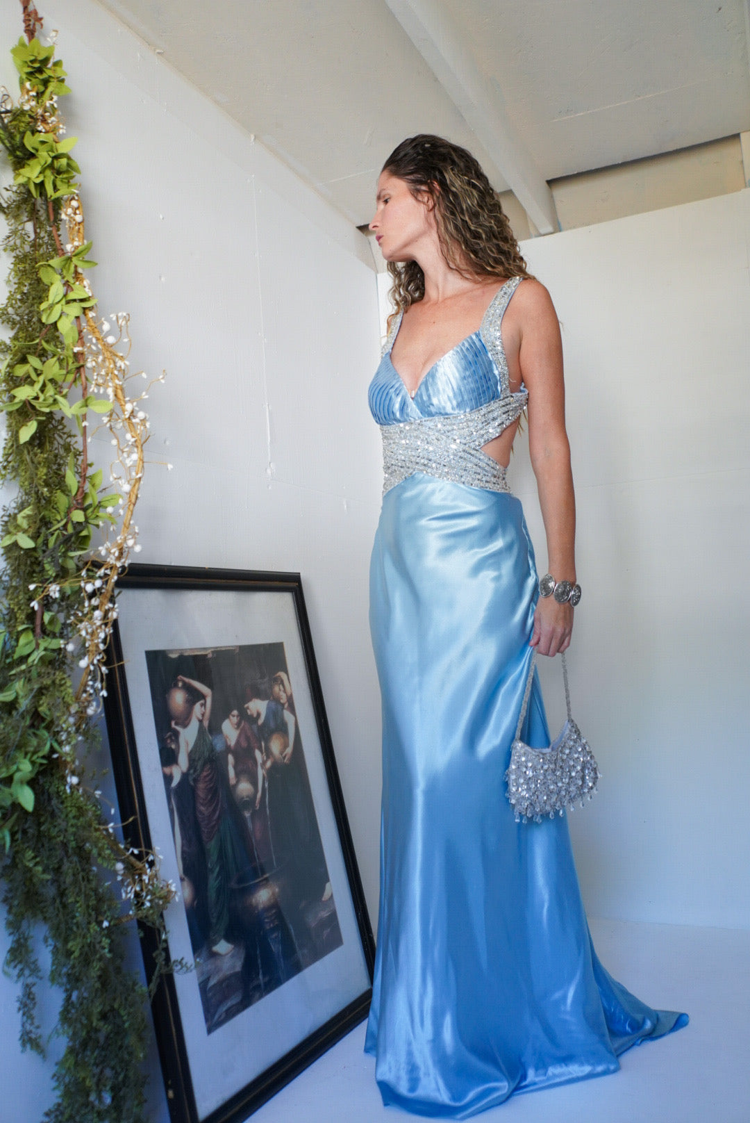 Blue Satin Backless Gown