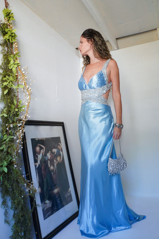 Blue Satin Backless Gown