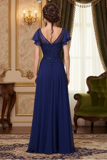 V-neck short sleeved long formal mother of the bride dress