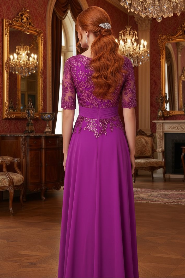 V-neck half sleeved shiny long style official mother of the bride dress