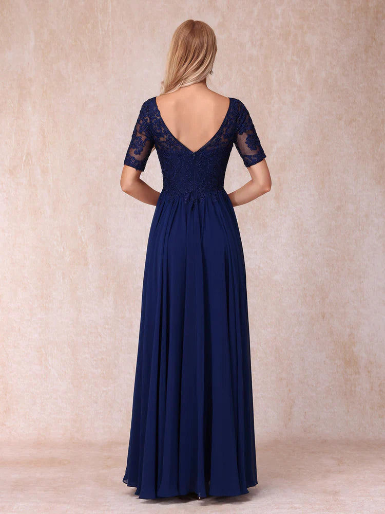 A-line/Princess V-neck short sleeved long formal mother of the bride dress
