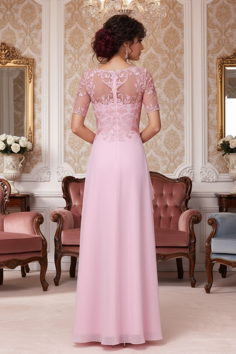 A-line/Princess V-neck short sleeved long formal mother of the bride dress