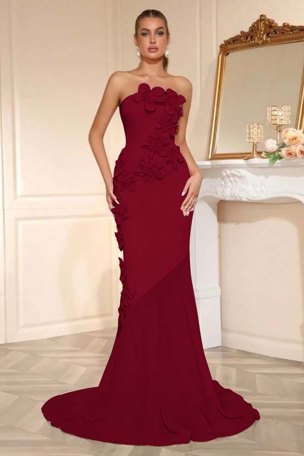 Candy Pink Strapless Sleeveless Long Mermaid Prom Dress With Flower Appliqués