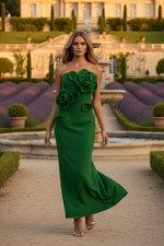 Green Strapless Crepe Dress With 3D Flower Detail