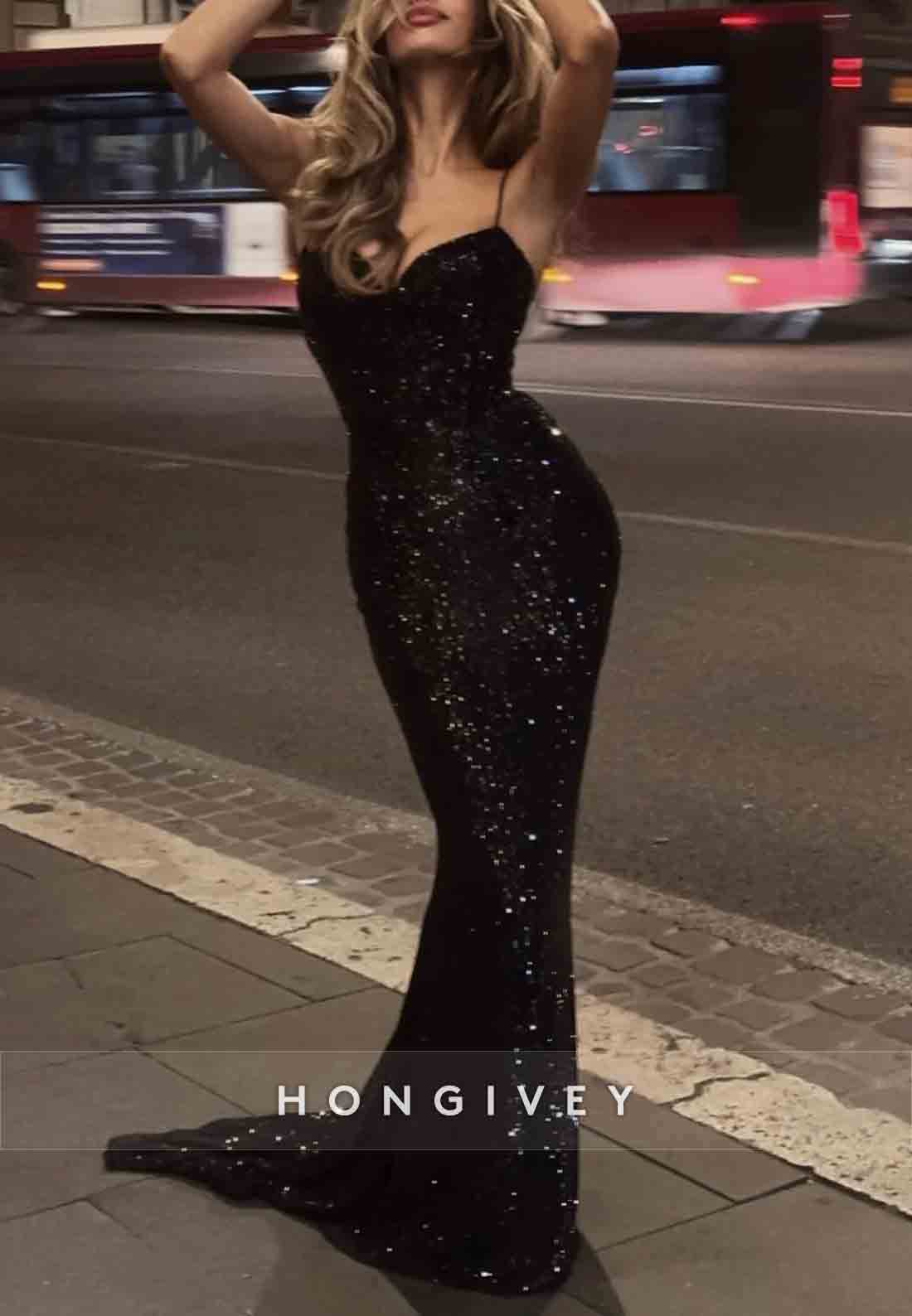 Sparkly Spaghetti Straps Sequined Low Back Mermaid Prom Dresses