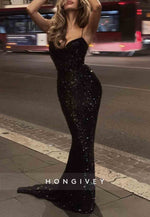Sparkly Spaghetti Straps Sequined Low Back Mermaid Prom Dresses