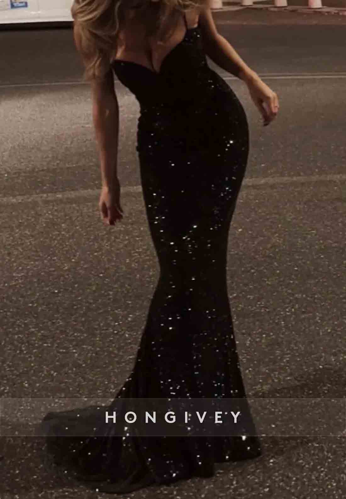 Sparkly Spaghetti Straps Sequined Low Back Mermaid Prom Dresses