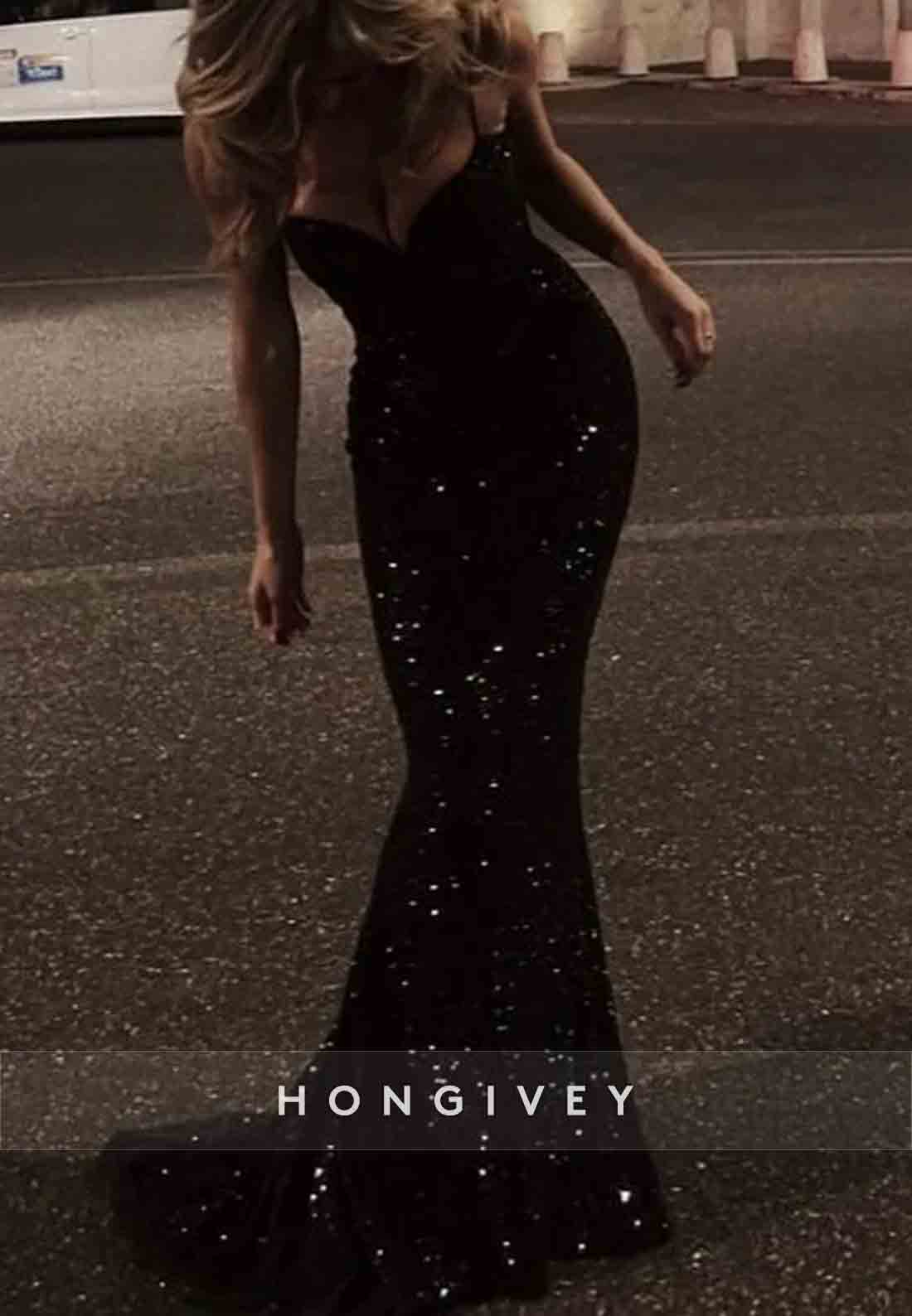 Sparkly Spaghetti Straps Sequined Low Back Mermaid Prom Dresses