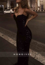 Sparkly Spaghetti Straps Sequined Low Back Mermaid Prom Dresses