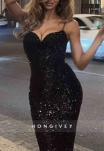 Sparkly Spaghetti Straps Sequined Low Back Mermaid Prom Dresses
