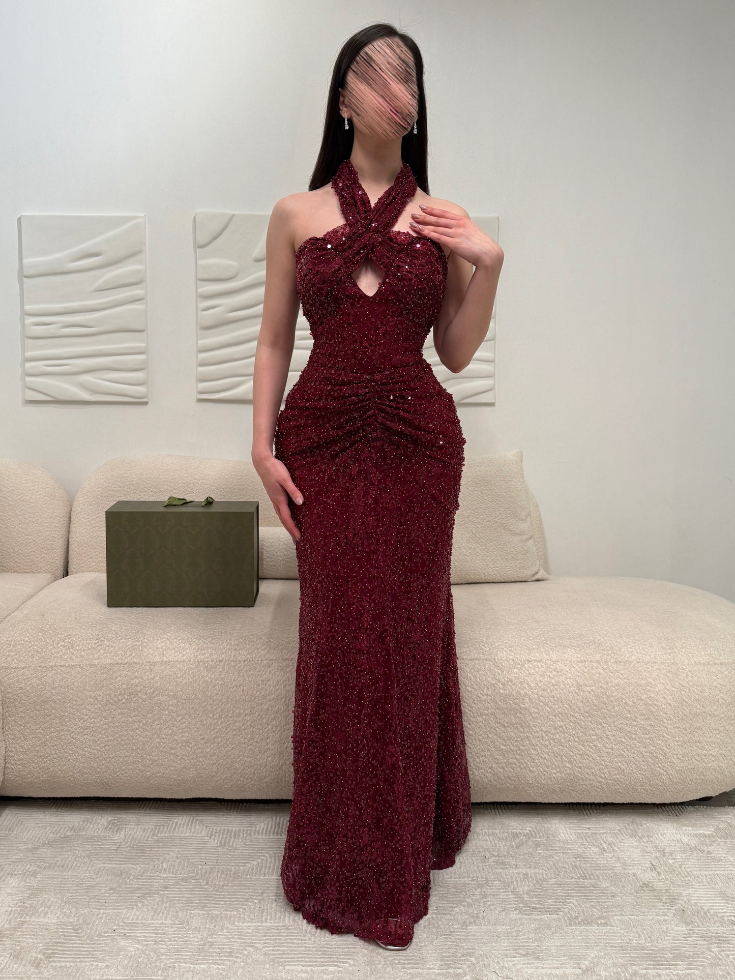 Fashion Red Halter Sleeveless Sequins Sparkle Mermaid Evening Dress